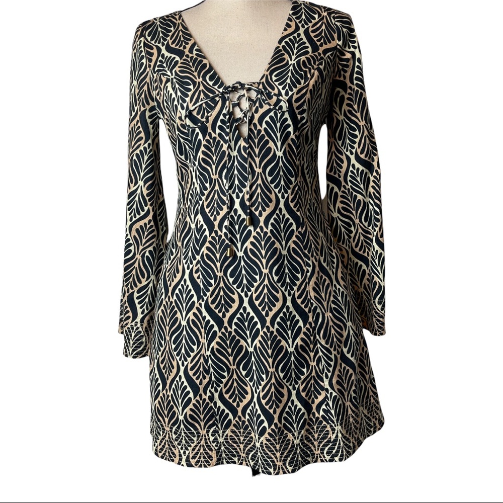 Free People Gia Shift Dress Bell Sleeves Leaves Ties Size XS